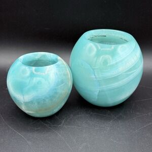 Pair Of Blue Swirled Alabaster Stone Votive Candle Holders Egyptian Style